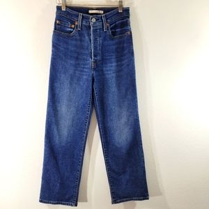 LEVI'S Ribcage straight leg button fly high rise blank red tab denim ankle jeans